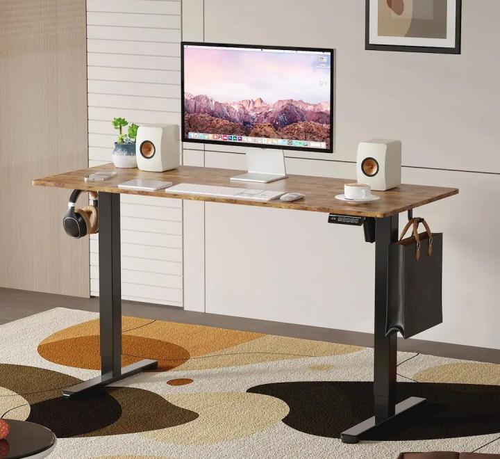 Birou cu Înălțime Reglabilă Electric, Blat 140x60cm, 3 Poziții Memorate, Negru/Rustic