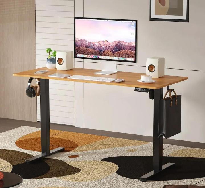 Birou cu Înălțime Reglabilă Electric, Blat 140x60cm, 3 Poziții Memorate, Negru/Lemn