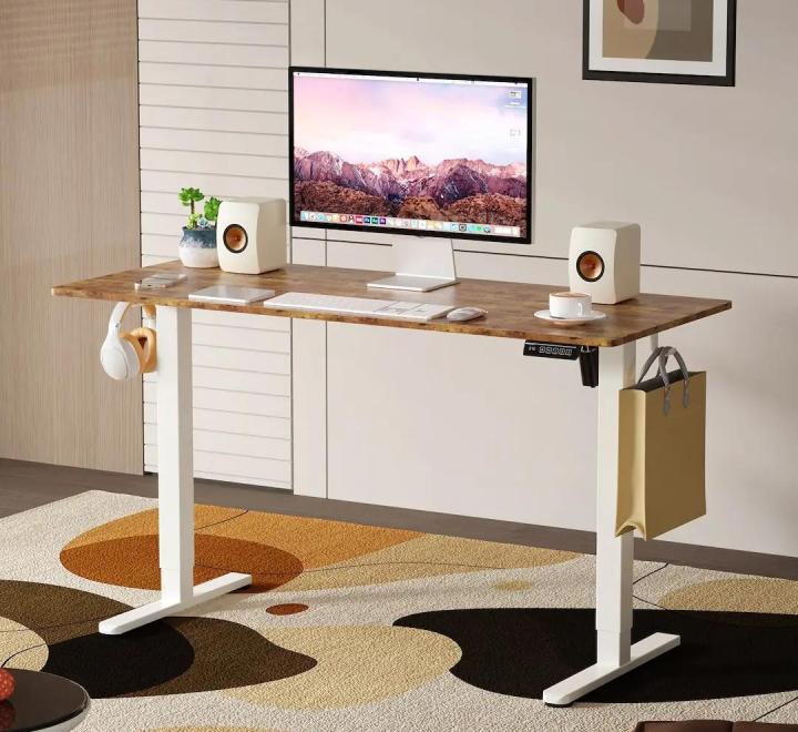 Birou cu Înălțime Reglabilă Electric, Blat 140x60cm, Alb/Rustic