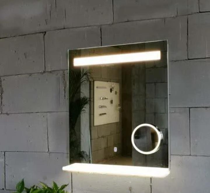 Oglindă LED, cu Poliță, cu Oglindă Cosmetică Detașabila, Lumină Reglabilă, 26W, 3000K, Dezaburire, 2 Difuzoare Bluetooth, 600x800mm