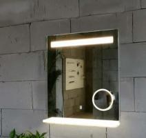 Oglindă LED, cu Poliță, cu Oglindă Cosmetică Detașabila, Lumină Reglabilă, 26W, 3000K, Dezaburire, 2 Difuzoare Bluetooth, 600x800mm