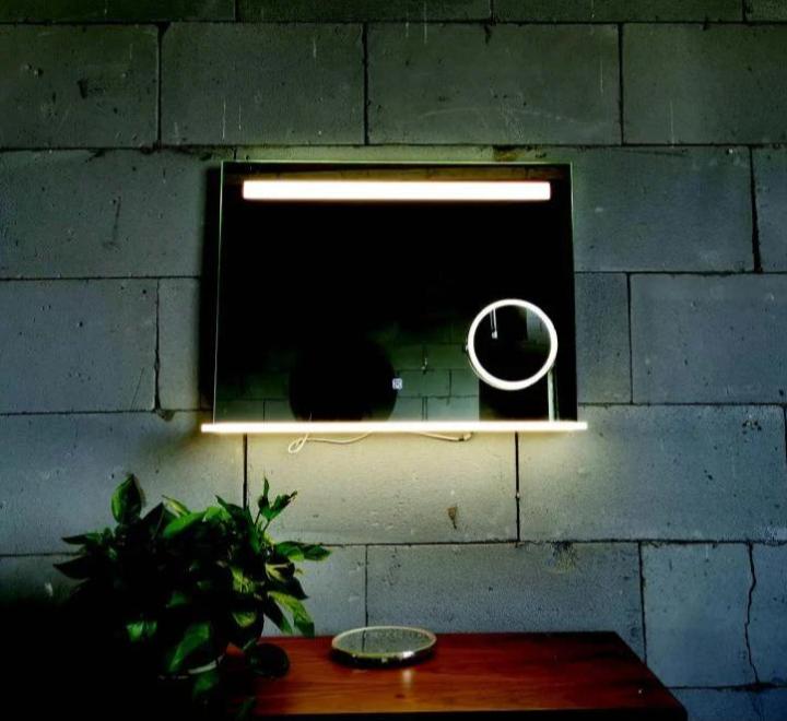 Oglindă LED, cu poliță, cu oglindă cosmetică detașabila, lumină reglabilă, dezaburire, 2 db bluetooth, 100x80cm