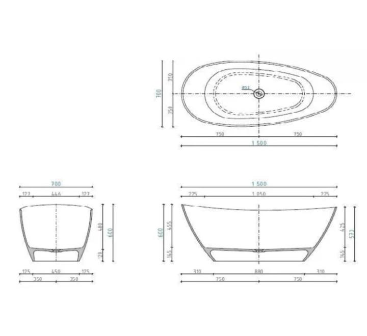Cadă PALMYRA din marmură turnată, freestanding, de mijloc, 150x70cm - negru / alb lucios
