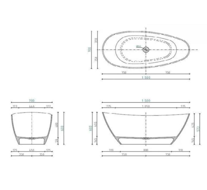 Cadă PALMYRA din marmură turnată, freestanding, de mijloc, 150x70cm - negru / alb mat